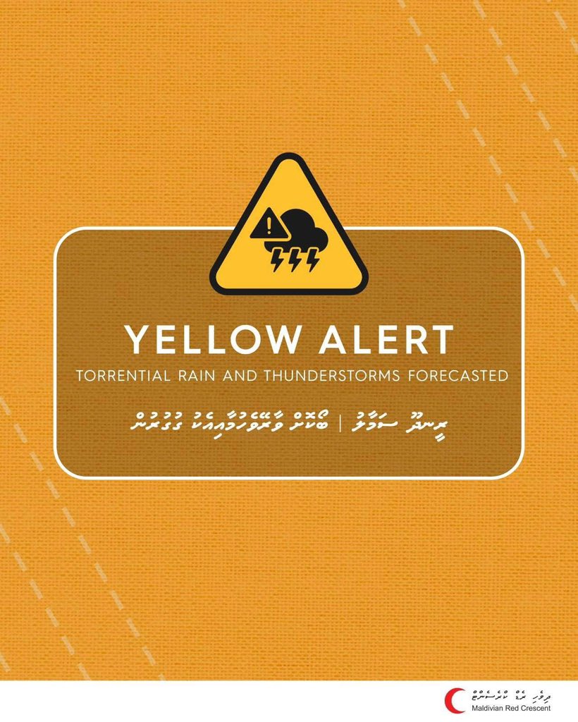 maldivianrc's tweet photo. ⚠️ Yellow Alert for torrential rain &amp; thunderstorms @MetMaldives 

Raa - Vaavu Atoll
1230 - 1600hrs 

Please take precautionary measures!
⭕️Monitor alerts
⭕️Take caution with sea travel &amp; driving on the bridge + highway in strong winds
⭕Take steps to prevent household flooding https://t.co/IBUjeF4dX0