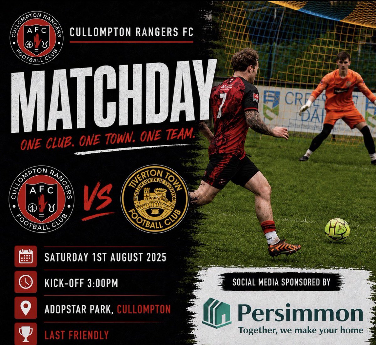 CullyRangers_FC's tweet photo. 🔴⚫️ THIS SATURDAY

Cullompton Rangers 🆚 @tivertontownfc 
🕒 3pm | 📍 Adopstar Park

Final pre-season fixture before the season starts.

🤝 Match Sponsor: Laura &amp; Mat Thresher
⚽️ Match Ball Sponsors: Martyn &amp; Anita Rogers &amp; St Austell Brewery
Main Sponsor: Adopstar

#UpTheCully https://t.co/uqLjEo4xQs