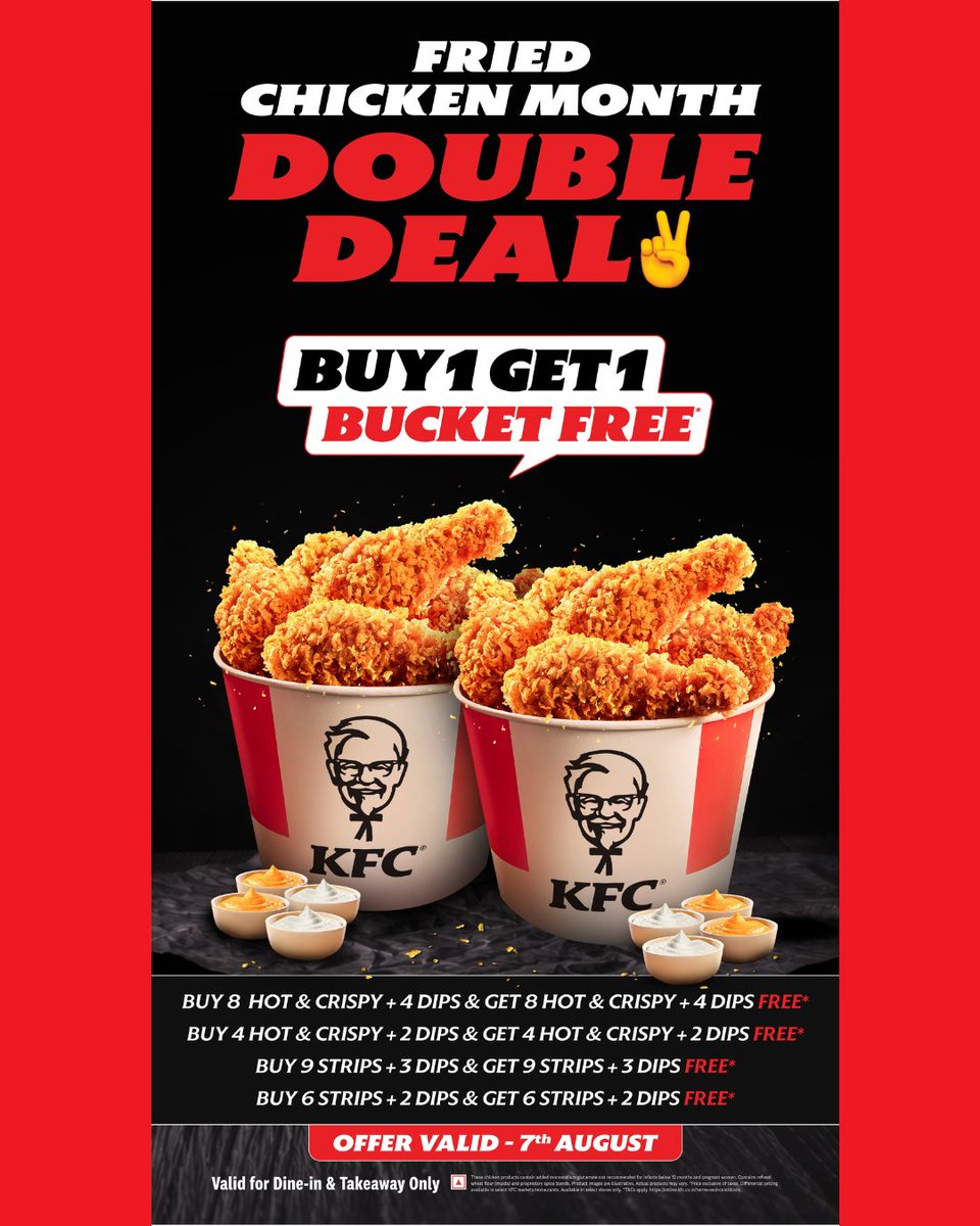 nasikcitycentre's tweet photo. Double the crunch with the KFC double deal.
Buy one bucket and get one free on selected combos.
Valid for dine-in and takeaway till 7th August. Visit City Centre Mall Nashik today.
#kfcdoubledeal #citycentremall #kfc #ccm #bogooffer #kfcdeals #specialoffer https://t.co/MQUF78oEaV