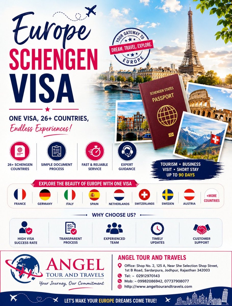 angeltourst's tweet photo. 🇪🇺 EUROPE / SCHENGEN VISA ✈️
One Visa. 26+ European Countries. 🌍

Planning your Europe dream trip? Let Angel Tour and Travels assist you with visa documentation, application guidance &amp; complete travel support. ✈️✨

📩 https://t.co/3lMZzLL7dB