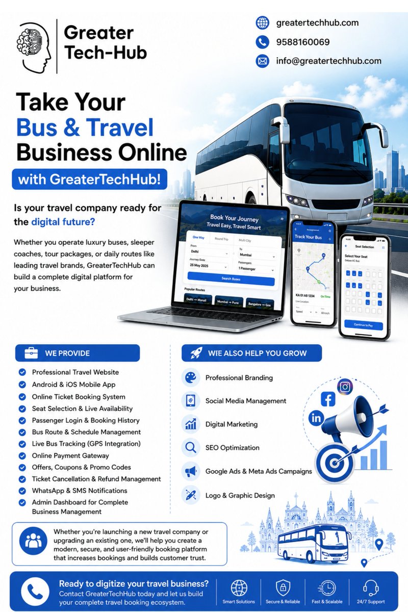 Greatertechhub's tweet photo. https://t.co/DjuEffvYmJ
📧 Email: info@greatertechhub.com
📞 Phone: +91 95881 60069Let's transform your travel business with smart technology and drive more bookings.#GreaterTechHub #TravelTechnology #BusBookingSystem #TravelWebsite #TravelApp #OnlineBooking #FleetManagement https://t.co/ddRgFcybPF