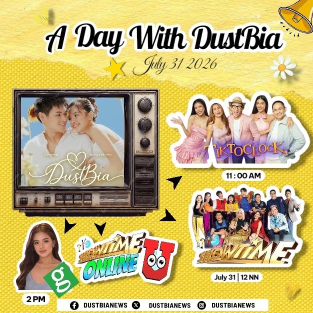 DUSTBIANEWS's tweet photo. A DAY WITH DUSTBIA! 💛📣
JULY 31, 2026

11:00 AM - TIKTOCLOCK 📺
12:00 NN - IT'S SHOWTIME 🎉
                   - SHOWTIME ONLINE U
2 :00 PM - GREENWICH WITH BIANCA 💚
Sulit ang Friday natin! Saan niyo sila unang papanoorin? 👇
#DustBia #DustinYu #BiancaDeVera https://t.co/0t0zhtmDVS
