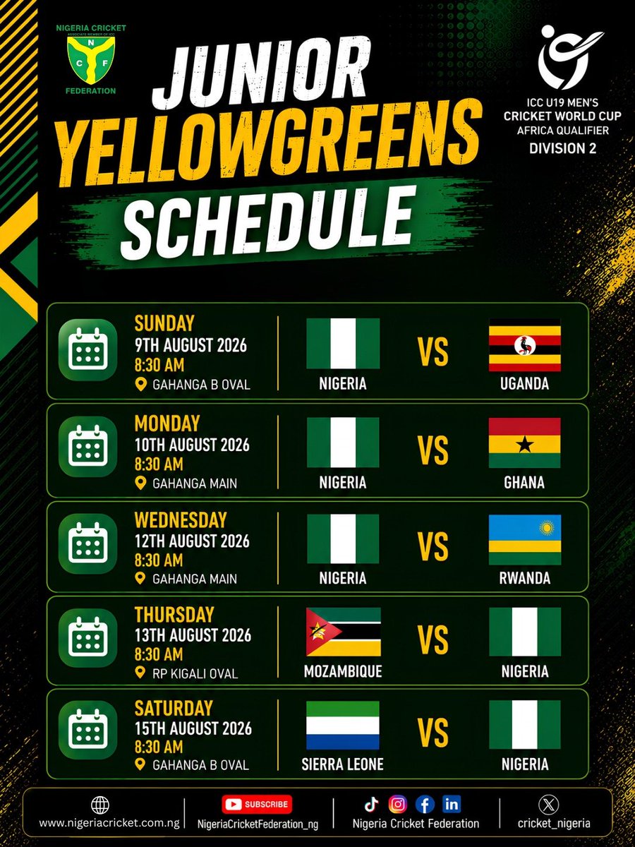 cricket_nigeria's tweet photo. Introducing the Junior YellowGreens selected to represent Nigeria at the ICC U19 Men's Cricket World Cup Africa Qualifier Division 2 in Rwanda.

Led by Captain Rahmon Ali, the team is set for five crucial group-stage encounters against Uganda, Ghana, Rwanda, Mozambique, and Sierra Leone as they battle for promotion to Division 1 and keep their ICC U19 Cricket World Cup qualification hopes alive.

#Nigeriacricketfederation
#JuniorYellowGreens
#ICCU19CWCAFRICAQUALIFIER
#RoadtoU19CWC