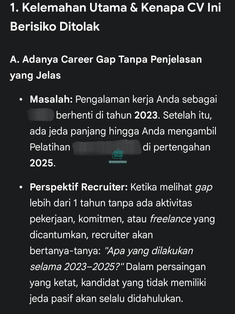 worksfess's tweet photo. cw // nganggur

Work! Aku udh 3th nganggur, udh rombak cv berkali kali (aku udh apply&amp; ikutan rekrutment lainnya jg ya, kaya bumn, cpns, bahkan magang) Trs aku coba review cv pake ai hasilnya gini. Apa ini alasannya aku ga dipanggil2 ya?   Mana umur udah >25 th https://t.co/uEodrWHmTv
