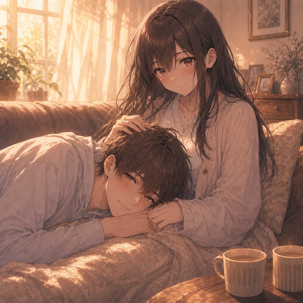 Sunlit Anime Couple on Sofa