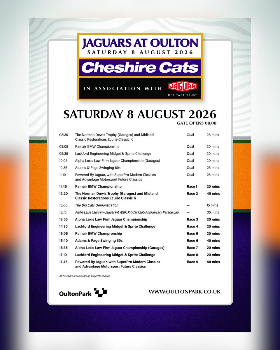 Oulton_Park's tweet photo. Coming to Jaguars at Oulton - Cheshire Cats this Saturday (8 August)? 🤔

Here's a timetable to help you plan for the day 📄

🎟️ https://t.co/QTveE4Uhx5 https://t.co/QE6NqARUGS