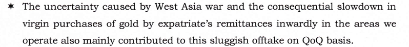 Meet_Mehta24's tweet photo. Thangamayil jewellery Q1 Updates:
Rev growth: 71% YoY,
Pat growth: 86% YoY

QoQ o decline does not matter as Q1 is seasonally a weaker qtr, what matters is margins which declined as the share of Schemes and discounted part of gold sales reached 53% of the total sales.

These schemes give you visibility of forwards sales but also comes with lesser margins.

Company is faced moderation in demand in first 28Days of Q2, because of falling gold prices. They did say the postponed demand will come back as prices of gold settles.

They also stated that their geography is facing problems in getting remittances which their family members send them from middle east which got impacted because of Iran-Us tension. So geographic concentration was also a problem for them.

But what I do not like about thingamajig is their store additions are very weak. They added mere 4 stores last year and 6 are in pipeline for this year. How they will be growing if they do not grow their geographical presence.

Market is just discounting future growth that may be moderated and was already trading at much higher valuations than peers. Other peers have not reported any slowdown need to check with other players as well.