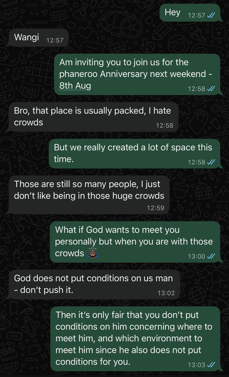 MuziQLab5's tweet photo. This conversation got me thinking many things. 

But anyways, we have space for you- please come to the Anniversary. 
#phaneroo
#PhanerooAt12 https://t.co/cXI8IKn7LS