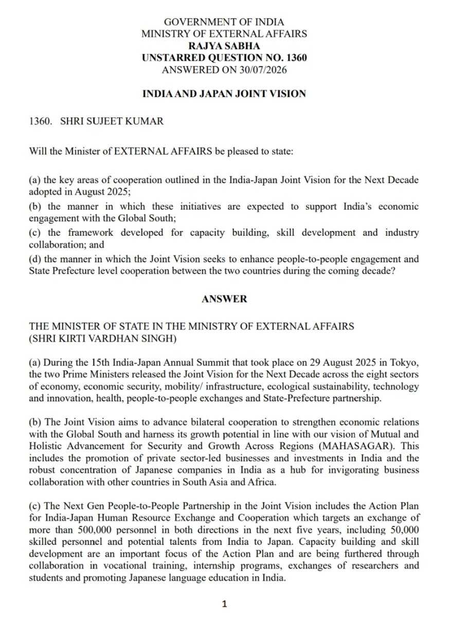 sidhant's tweet photo. India and Japan unveiled plan to exchange over 500,000 people in five years, including 50,000 skilled Indian workers, under new Next Gen People-to-People Partnership, MEA tells Parliament on Japan PM's India visit https://t.co/2V3DR74yq0