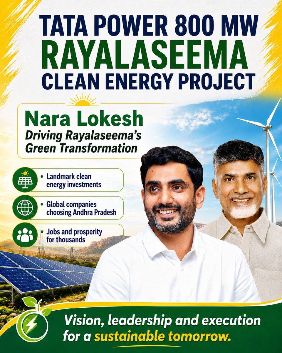 Kiccha7374's tweet photo. Andhra Pradesh is accelerating its renewable energy journey with landmark investments in Rayalaseema. Clean power, new opportunities and long-term development are moving forward together. #TATAPowersAP https://t.co/mbNpxEWRgJ