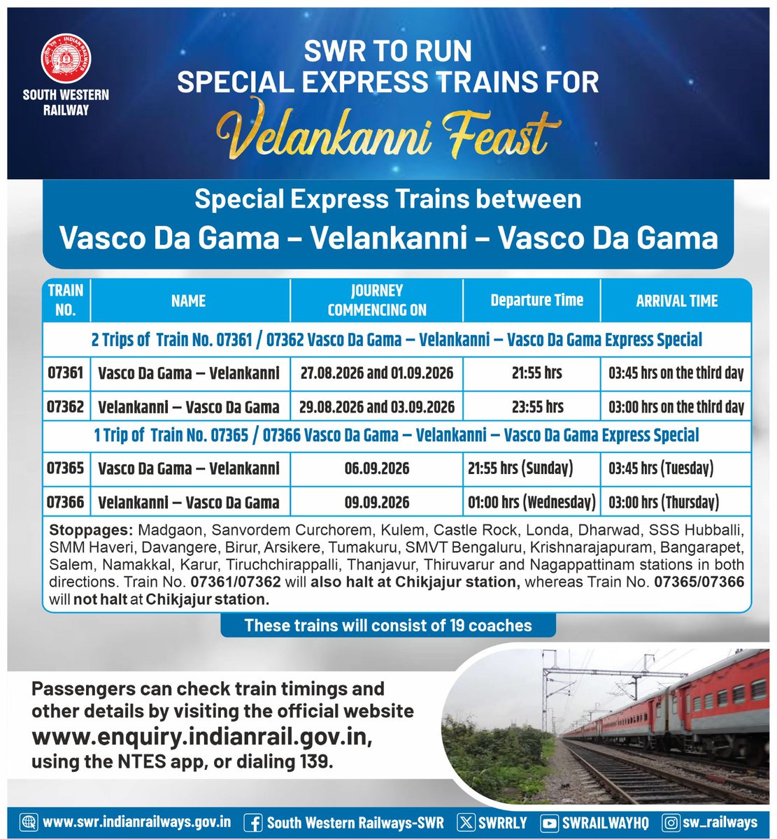 SWRRLY's tweet photo. South Western Railway to operate Special Express Trains between Vasco Da Gama and Velankanni to facilitate devotees attending the Velankanni Feast.

Book your tickets early and travel hassle-free.
#SWRupdates https://t.co/X05S4Z6CPm