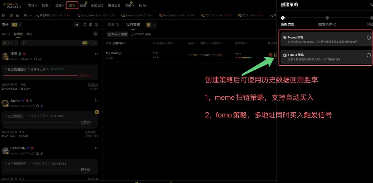 OrdzWorld's tweet photo. 币安钱包 玩转meme 教程：
币安钱包 Robinhood 产品功能越来越完善啦，堪称 #Robinhood 交易全家桶！😋

币安钱包 功能介绍和用法：

1️⃣ 热门：快速查看当前热门meme
这里大部分都是流动性较好的标的，逐个查看，可以找二段介入机会

2️⃣ 战壕/meme rush：多链扫币，快人一步
同时扫多条链的新meme，已支持 Robinhood 链热门协议Virtuals / Flap / Bankr / Pons 等，新币上线即发现，不错过任何早期机会

3️⃣ 追踪/牛人榜：找优质钱包
新增金狗猎手，可以快速找到某meme盈利最多的地址，支持多meme同时查，右侧有更详细的钱包过滤机制

4️⃣ 追踪/监控：实时地址监控+媒体监控
地址交易信号和媒体监控，均可在web/app以及链接到TG通知，支持多种音效

5️⃣ 信号：创建自动化策略
支持历史数据回测策略胜率，稳定性。2种类型，meme扫链以及多聪明钱地址同时买入

除了以上5个功能，币安钱包还有非常多的好用的功能和值得经常查看的板块

例如内置桥，不需要切换其他app，一键跨链 Robinhood 很丝滑！社交热度（分了中/英文区），ALpha板块优质标的二段，证券代币，热点雷达追踪当前最热门的叙事等等

总的，币安钱包 内置的各个板块 大家都可以多看看，本身就会透露出一些早期Alpha信息！

——————————
绑定OW 的币安钱包邀请码，私信TG进Alpha社群+ 聪明钱信号群
点这里：https://t.co/seLComSoMK
邀请码：OW8888

教程看置顶推文

$marscoin $cz