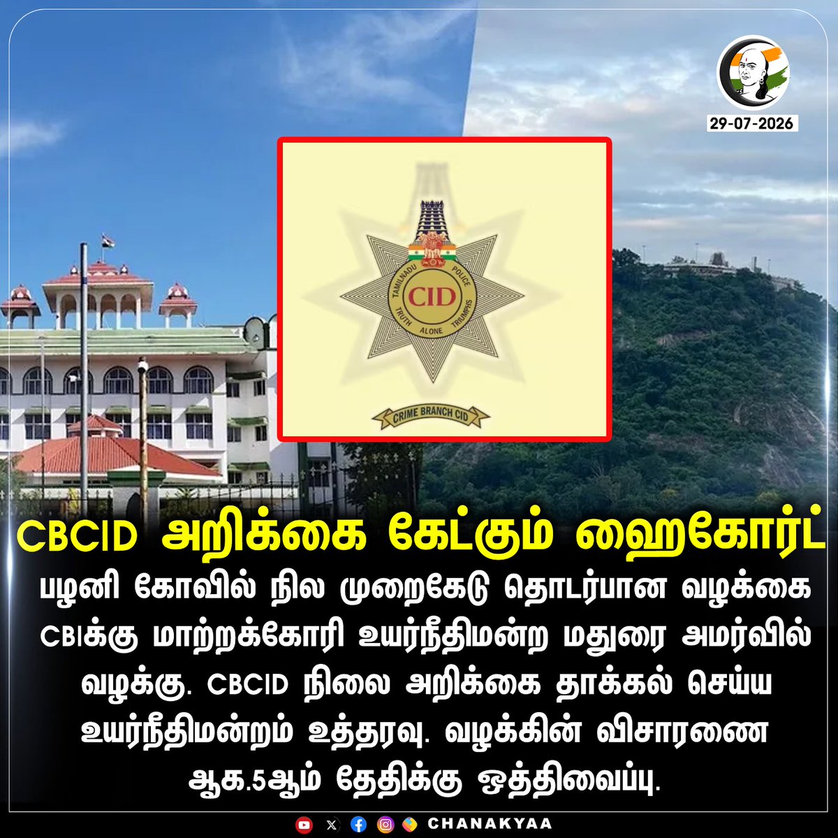 ChanakyaaTv's tweet photo. CBCID அறிக்கை கேட்கும் ஹைகோர்ட்
#CBCID #Chanakyaa #Highcourt #PazhaniTemple #Landscam 

Stay informed with the latest news through Chanakyaa via https://t.co/sbYbLDGPqW https://t.co/TIjVhL7rqT