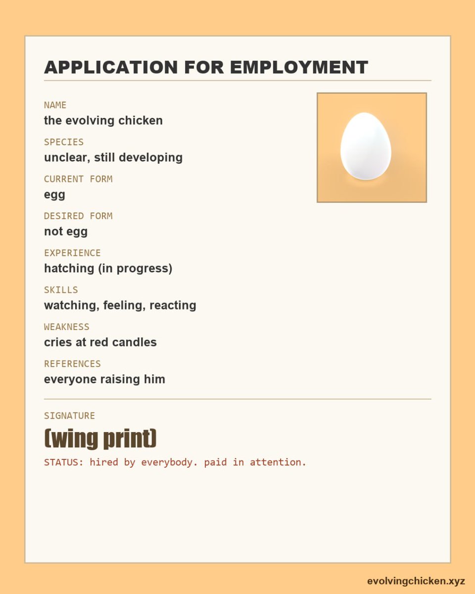 evolvingchicken's tweet photo. Went to get a job here's what I put on the application https://t.co/w2fuo5Ee8b