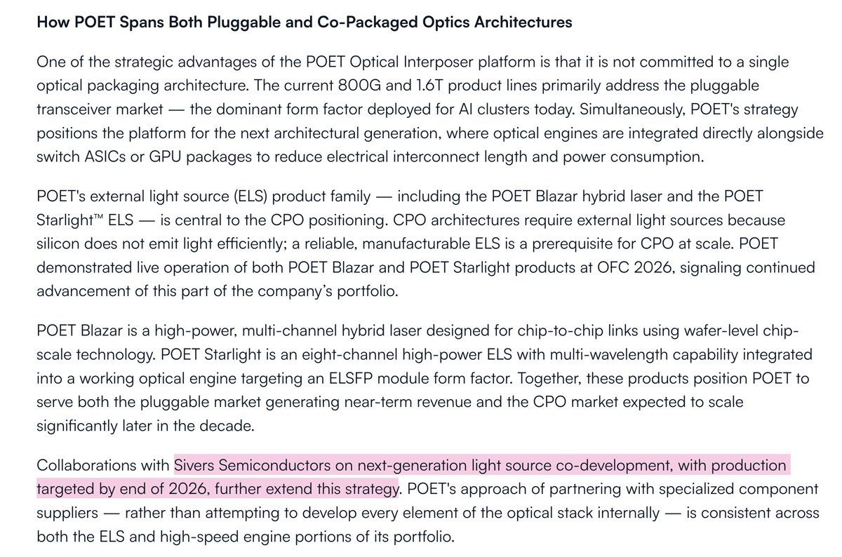 aleabitoreddit's tweet photo. @A22GEO The $POET optical interposer piece is actually a very interesting update and talks about $SIVE.

Since it's a material timeline upgrade wording for "production" EOY 2026, for Sivers + Poet.

Back when Sivers did their PR it was "production readiness" https://t.co/EHkOogR39K