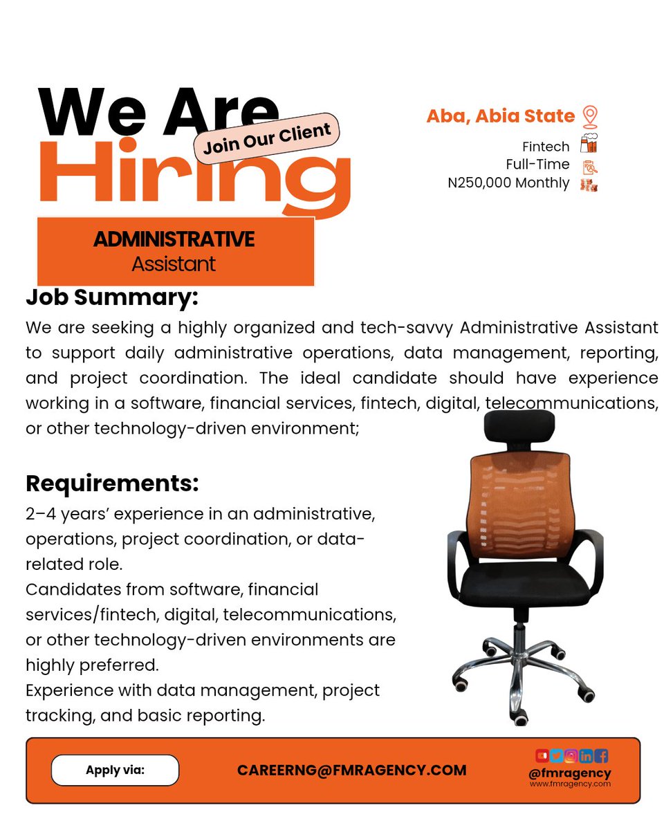 FmrAgency's tweet photo. ADMINISTRATIVE ASSISTANT

Location: Aba, Abia State

Salary: ₦200,000 – ₦250,000

Application Instructions
How to Apply:
Interested and qualified candidates should send their applications to: careerng@fmragency.com with the job title as subject of the mail https://t.co/Onhw0tP16K