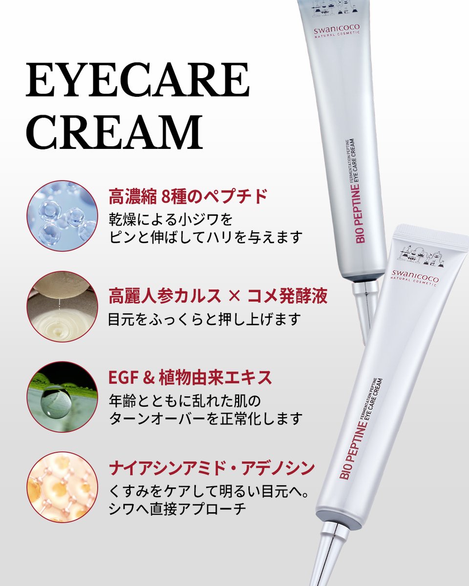 swanicoco_jp's tweet photo. 成分重視派も納得！贅沢アイケア✨

swanicocoの『ファーメンテーション ペプタイン アイケアクリーム』は、目元のお悩みに多角的にアプローチする高機能アイクリーム🤍

ピンとしたハリ、パッと明るい目元を目指しませんか？👀✨

#swanicoco #スワニココ #アイクリーム #ペプチド #ナイアシンアミド https://t.co/LF6akgrxly