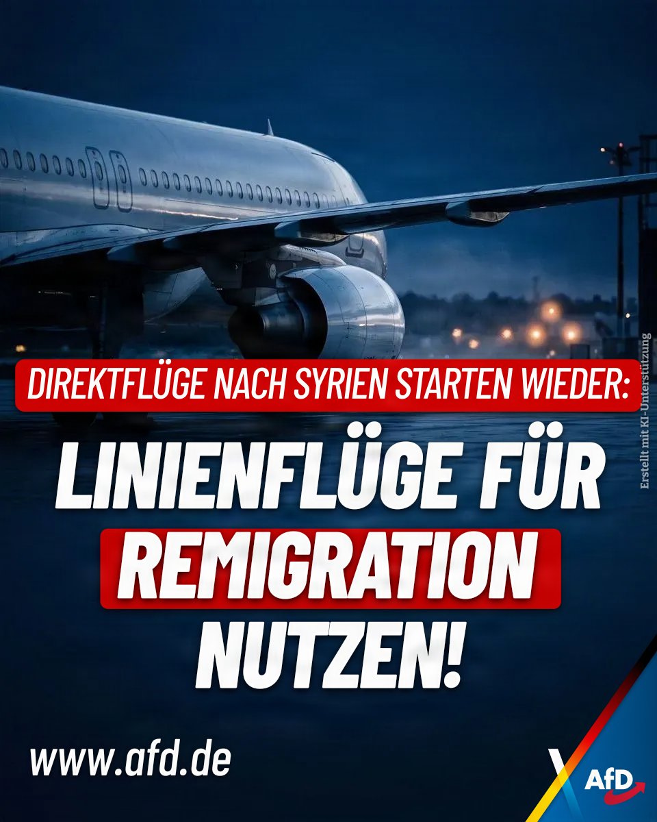 AfD's tweet photo. Flüge nach Syrien laufen wieder an. Statt Urlaub für Scheinflüchtlinge zu ermöglichen, müssen diese Linien endlich als Remigrations-Shuttle genutzt werden! https://t.co/7S1MjhIpu9