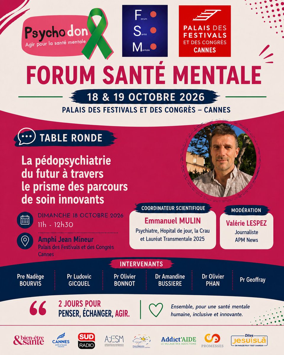 Le_Psychodon's tweet photo. 🩺 Comment imaginer la pédopsychiatrie de demain ?

Retrouvez l’ensemble du programme du Forum de la Santé Mentale 2026 sur https://t.co/rTRLTgNCaV
 @CannesPalais  @ADESM_fr @Uniopss @FranceDpression @Addict_Aide @SudRadio https://t.co/Tf3vCx4l1X