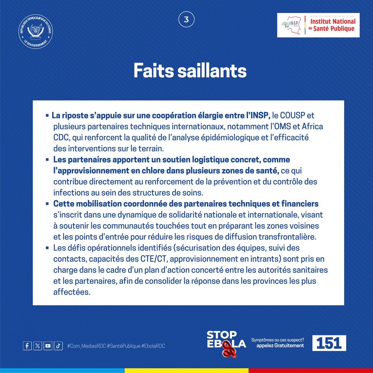 Com_mediasRDC's tweet photo. 🚨 #EbolaRDC | Point de situation – 28 juillet 2026

La riposte contre Ebola se poursuit dans les cinq provinces touchées : Haut-Uélé, Ituri, Nord-Kivu, Sud-Kivu et Tshopo. L’épidémie concerne désormais 49 zones de santé, avec l’ajout d’une nouvelle zone dans la province de la Tshopo, tandis que les équipes de surveillance et de prise en charge restent pleinement mobilisées sur le terrain.

À ce jour, 3 442 cas confirmés ont été enregistrés, dont 797 patients en isolement ou hospitalisation, 615 personnes guéries et 1 521 décès. Le taux de létalité est de 44,2 %, tandis que le taux de suivi des contacts s’établit à 78,3 %.

La réponse s’appuie sur une coopération renforcée entre l’INSP, le COUSP, l’OMS, Africa CDC et les autres partenaires techniques et financiers. Leur appui, notamment à travers le renforcement des capacités d’analyse, l’approvisionnement en intrants essentiels comme le chlore et le soutien aux équipes de terrain, contribue à améliorer la prévention, la prise en charge des patients et la préparation des zones à risque.

📞 En cas de symptômes suspects, appelez gratuitement le 151.

#StopEbola #SantéPubliqueRDC