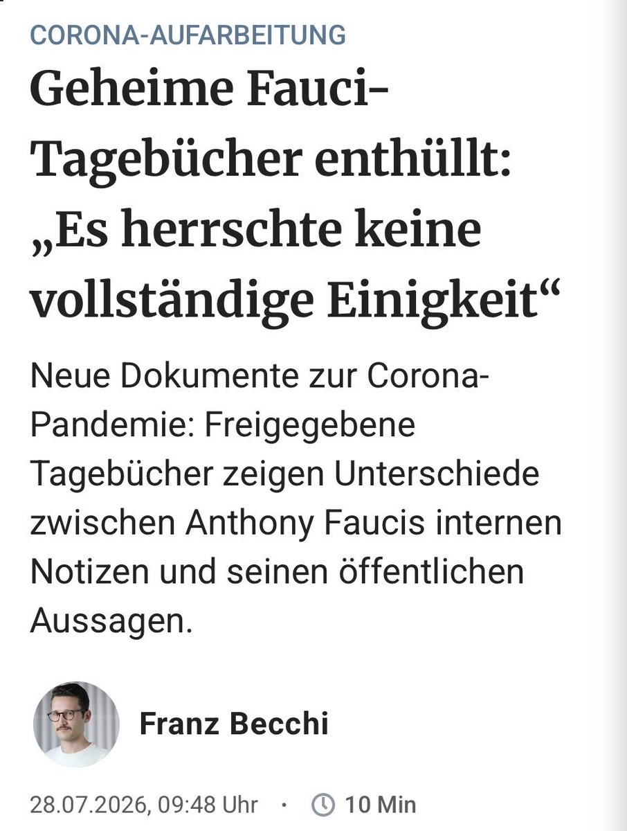 Quo_vadis_BRD's tweet photo. FAUCI-TAGEBUCH:

„Besonders brisant ist eine Episode um den unabhängigen Impfbeirat der CDC. Dieser hatte sich mit neun zu sechs Stimmen gegen die von der US-Regierung gewünschten Auffrischungsimpfungen (Booster) ausgesprochen. Fauci soll daraufhin Walensky eine SMS gesendet haben, in der er sie ‚flehentlich’ gebeten habe, das Votum des Gremiums zu überstimmen.
Nach einem Telefongespräch um 5.40 Uhr morgens trug Fauci triumphierend in sein Tagebuch ein: ‚Endlich! Rochelle hat auf mich gehört. Sie hat die Empfehlung des Impfbeirats überstimmt.‘ Er habe ihr gratuliert, dass sie endlich ‚klare Führungsstärke’ bewiesen habe.“

Via @franzbecchi 

https://t.co/3KEBcCAzrg