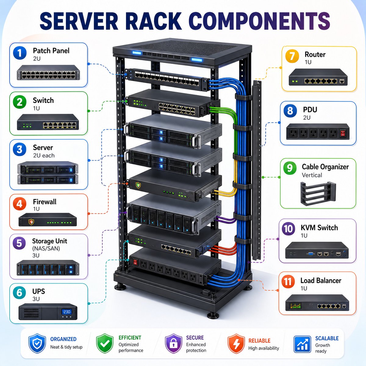 CiscoSwitchs's tweet photo. The anatomy of a perfect Server Rack! 🗄️⚡

From top-of-rack patch panels and core switches to the heavy UPS units at the bottom, proper organization ensures maximum uptime and easy troubleshooting.

What is the most critical component currently sitting in your rack? 👇

#ServerRack #DataCenter #SysAdmin #ITInfrastructure #CableManagement