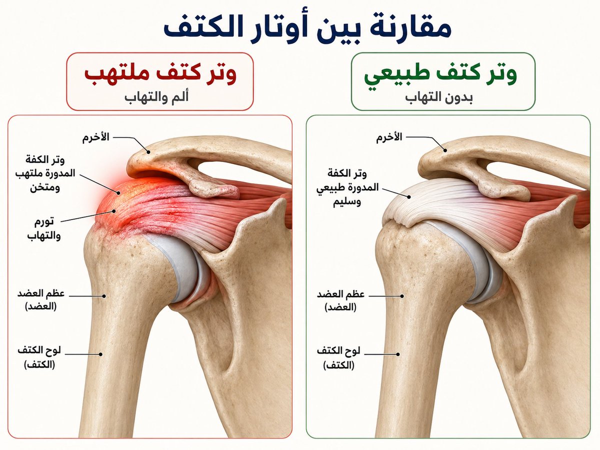 iocenterksa's tweet photo. التهاب أوتار الكتف من أكثر مشكلات الكتف شيوعًا، ويسبب ألمًا يزداد عند رفع الذراع أو النوم على الكتف، وقد يصاحبه ضعف أو محدودية في الحركة.

ينتج غالبًا عن تكرار الحركات، حمل الأوزان، بعض الرياضات أو التغيرات المرتبطة بالعمر. ويعتمد العلاج على الراحة النسبية، الع��اج الطبيعي، الكمادات الباردة، المسكنات والحقن الموضعية في حالات محددة بعد تقييم الطبيب.

#التهاب_أوتار_الكتف #آلام_الكتف #العلاج_الطبيعي #جراحة_العظام #صحة_المفاصل #مركز_العظام_المتكامل