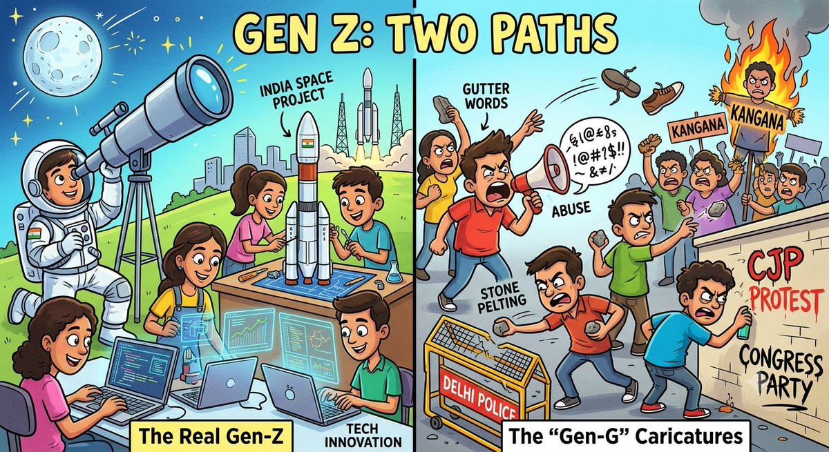 SankhyaSangam's tweet photo. #GutterGeneration #CongressProtest
Gen-Z, or Gen-C, or Gen-G? Who are they?
Abusive language, gutter words, attacking national pride, mocking Hindu culture and deities, disrespecting elders, stone-pelting, and assaulting on-duty police officers... and society is expected to tolerate it all under the guise of "Gen-Z culture"?
But, when #KanganaRanaut called out those engaging in violence and profanity during the #CJPProtest, the opposition immediately retaliated by garlanding shoes and burning her effigies.
And they call themselves "tolerant"? They hurl vile abuse at everyone, including elders, and label it "Gen-Z style". The moment someone holds up a mirror and calls out their Gutter behavior, they get instantly offended. Classic hypocrisy.
True Gen-Z is busy launching rockets, innovating, and taking India into space.
Meanwhile, the so-called Gen-Z, or Gen-C(ockroach), or Gen-G(utter) of the #CockroachJanataParty and @INCIndia are stuck exploring the sewers of abuse, street violence, and political hooliganism.
