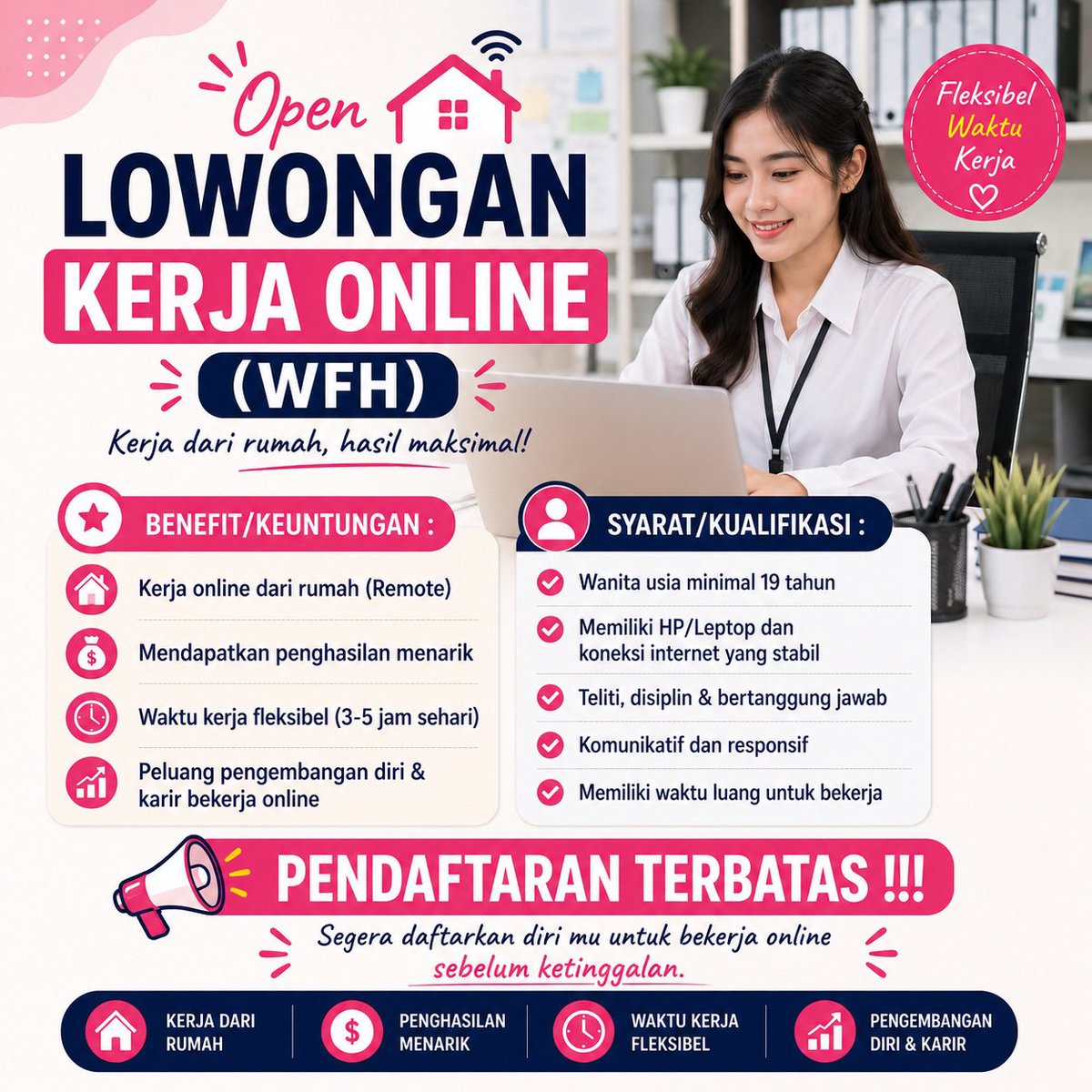 AviraNatasce's tweet photo. OPEN LOKER 📄
Admin Online (wfh) 2026

📍 Kerja dari rumah (wfh)
💸 Gaji &amp; bonus harian
⏰ Jam kerja fleksibel

Detail syarat ada diposter &amp; cara melamar bisa langsung DM aja 🙏

Repost dan tag teman yang cari kerja!

#Lowongankerja #wfh #viral #fyp https://t.co/LmFKA1VJCP
