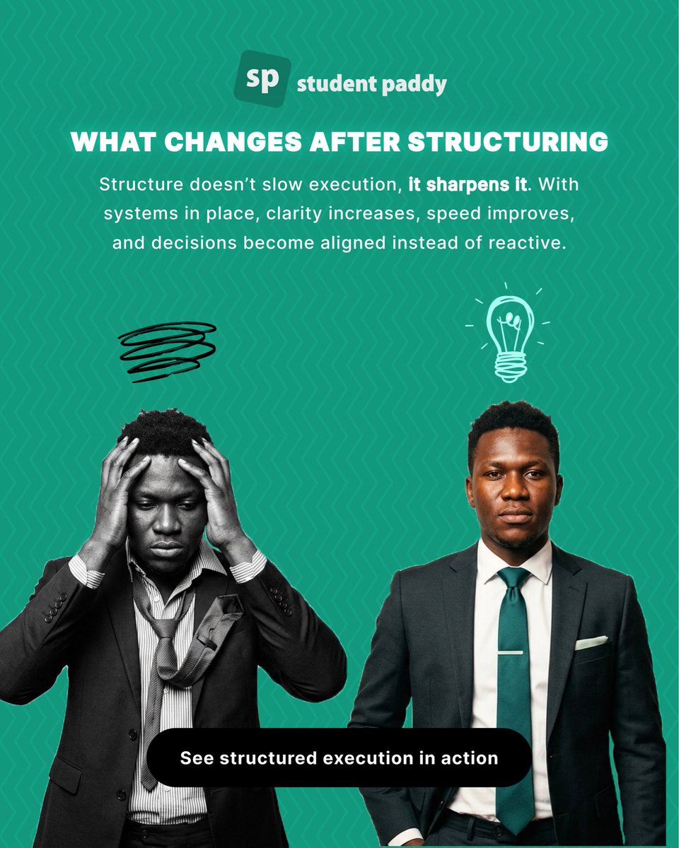 studentpaddy's tweet photo. Structure doesn't slow execution. It sharpens it.
The right systems create clarity, speed, and better decisions. That's how ideas become results.
#StudentPaddy #BuildWithStudentPaddy #Execution #ProjectManagement #Innovation #BusinessGrowth #Startups #Nigeria https://t.co/JwzCVlNKo2