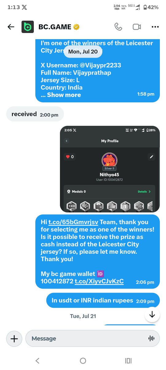 Vijaypr2233's tweet photo. @bcgame @Naimul557788 @dadedidonats09 @akber12112 @YASHKHAN9942340 Dear @bcgame last giveaway I'm also selected winner 🏆  my prize still not received any claims 😭 
Please check and help https://t.co/PO7qaJ6lJu