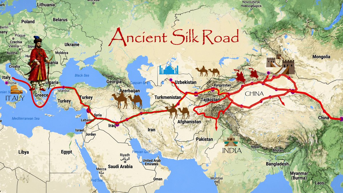 Civixplorer's tweet photo. 🐫 The ancient Silk Road overimposed on a modern map. https://t.co/NehBl1Pv3U