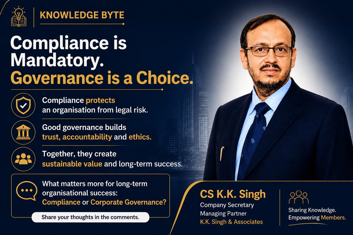 CS_KKSingh's tweet photo. 📘 Knowledge Byte

Compliance is mandatory. Governance is a choice.

Compliance protects an organisation from legal risk, while good governance builds trust, accountability, and long-term value.

💬 What do you think matters most for sustainable success? https://t.co/plw3Yv8lyX