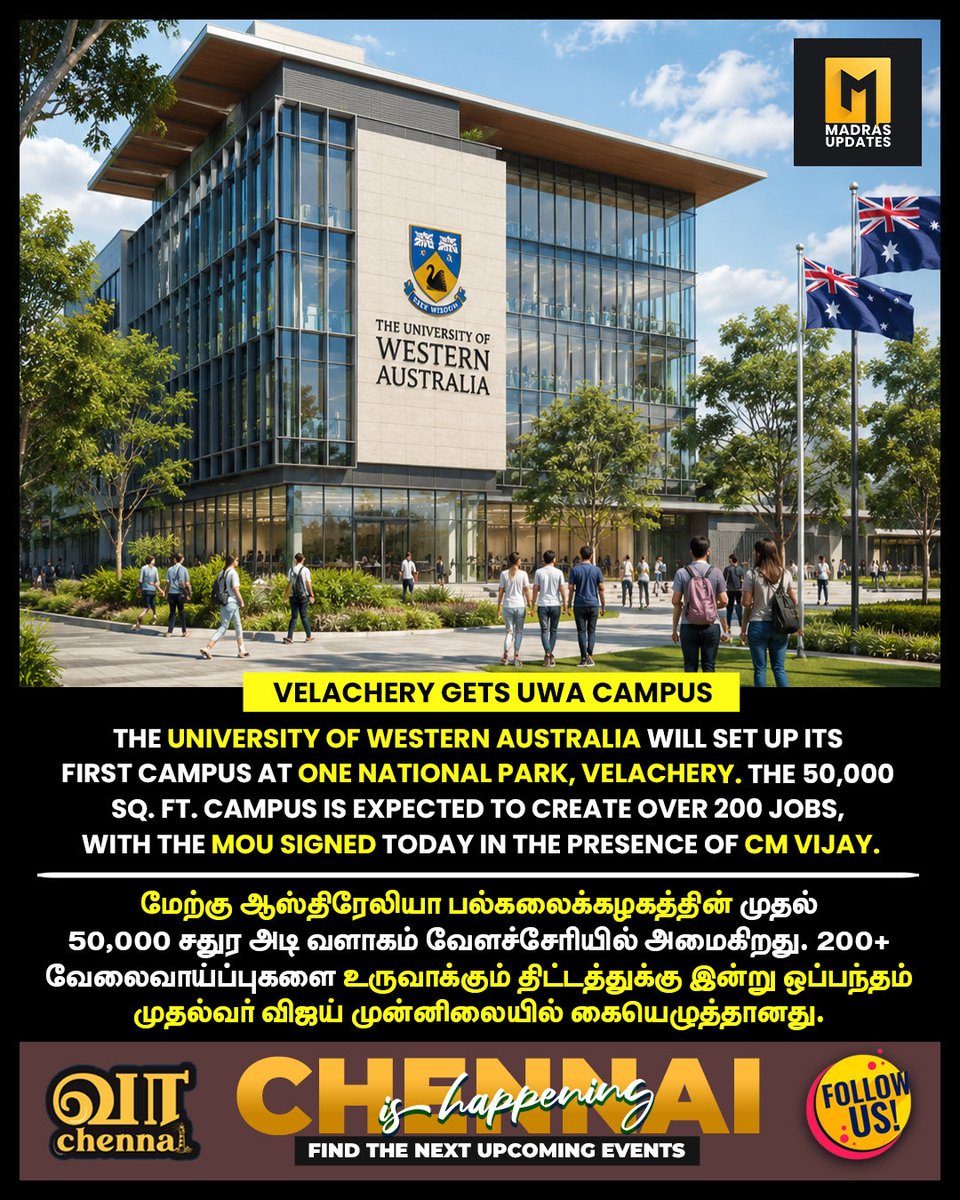 MadrasUpdate's tweet photo. A new chapter in higher education begins as UWA plans its first Indian campus in Velachery, creating over 200 jobs. @MadrasUpdate 

#UWA #Velachery #FirstCampus #MadrasUpdates https://t.co/qS1anS6UYz