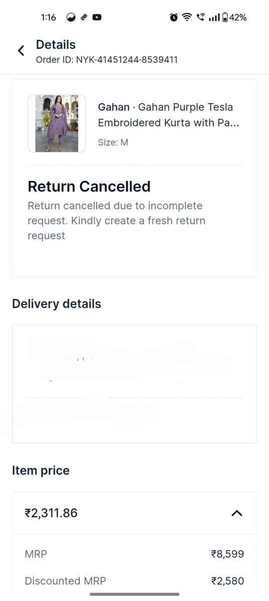 imvaani0817's tweet photo. @nykaafashion
What a great fraud..
Yesterday I complain and today you cancelled my return request.
How can you do it. https://t.co/3kggqjn68e