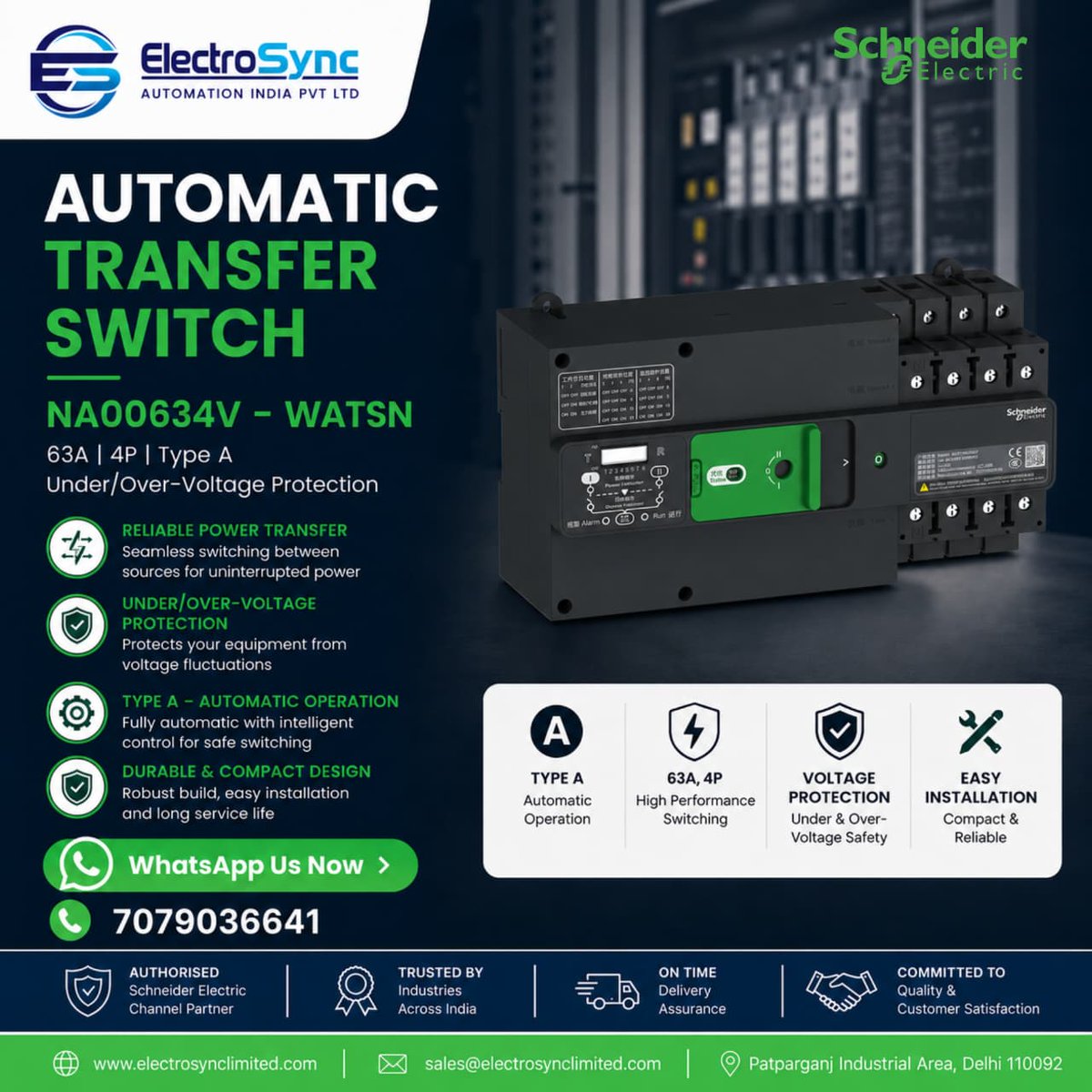 Electrosync2025's tweet photo. ⚡ Ensure seamless power switching and protect your critical systems with the Schneider Electric NA00634V – WATSN Automatic Transfer Switch.

📲 +91 7079036641
🌐 https://t.co/g9I8U27iCo
📧 sales@electrosynclimited.com

#ElectroSync #SchneiderElectric #ATS #PowerBackup #TypeAATS https://t.co/CWvAwUOVlM