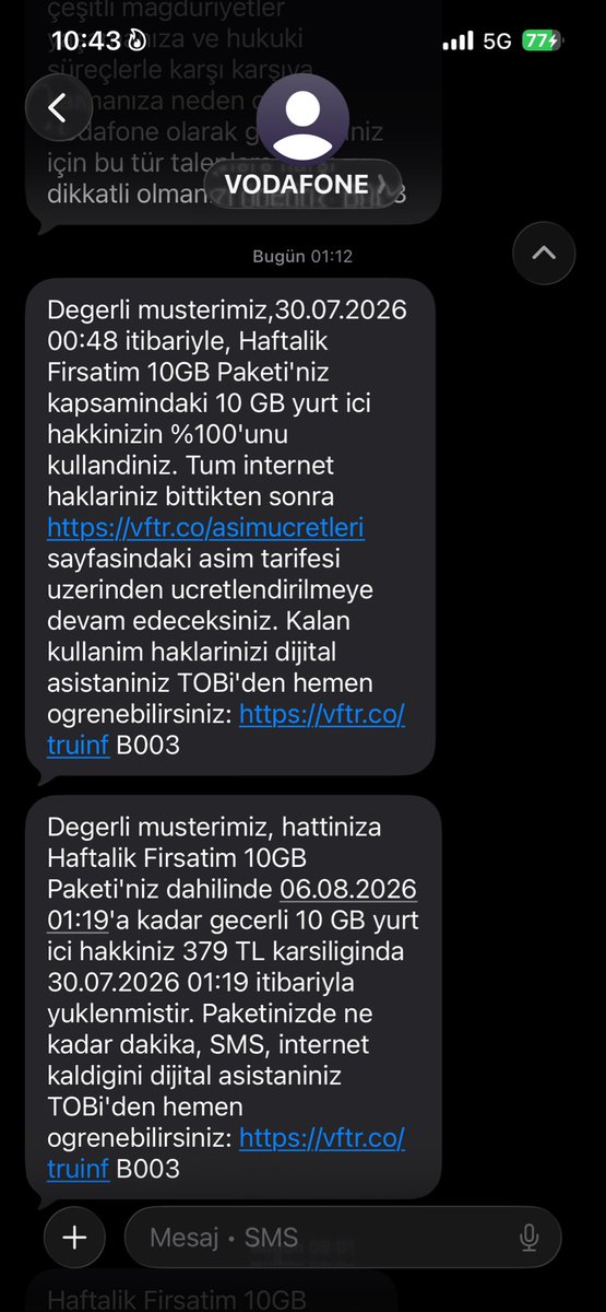 expulse's tweet photo. @VodafoneDestek  saat 1.12 de biten internetim için , anında işlem yapmama rağmen bana 500mb interneti 204 tl ye tanımlamışsınız. 10gb internet paketi zaten 300 küsür tl ve zaten onu satın almışım. 

Acil olarak tanımlanan 500mb ücretini silmenizi rica ederim. https://t.co/t9bfy9DWK3