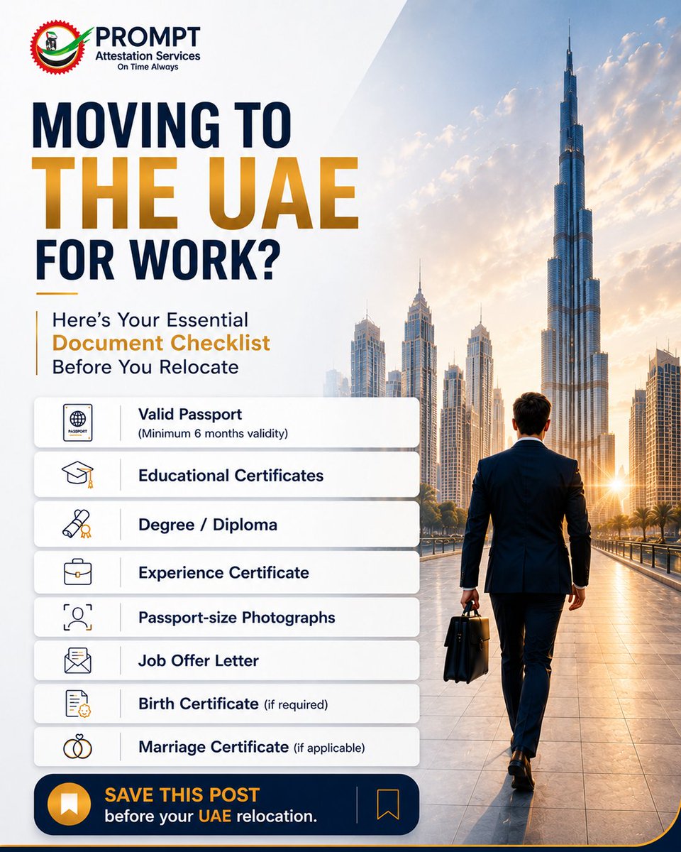 attestationuae1's tweet photo. Save this essential document checklist before you relocate to the UAE. From passports to educational certificates, stay prepared and avoid delays.

📩 Prompt Attestation Services is here to help.

#UAEJobs #UAEVisa #DocumentAttestation #WorkAbroad https://t.co/zGHGvuaQg4