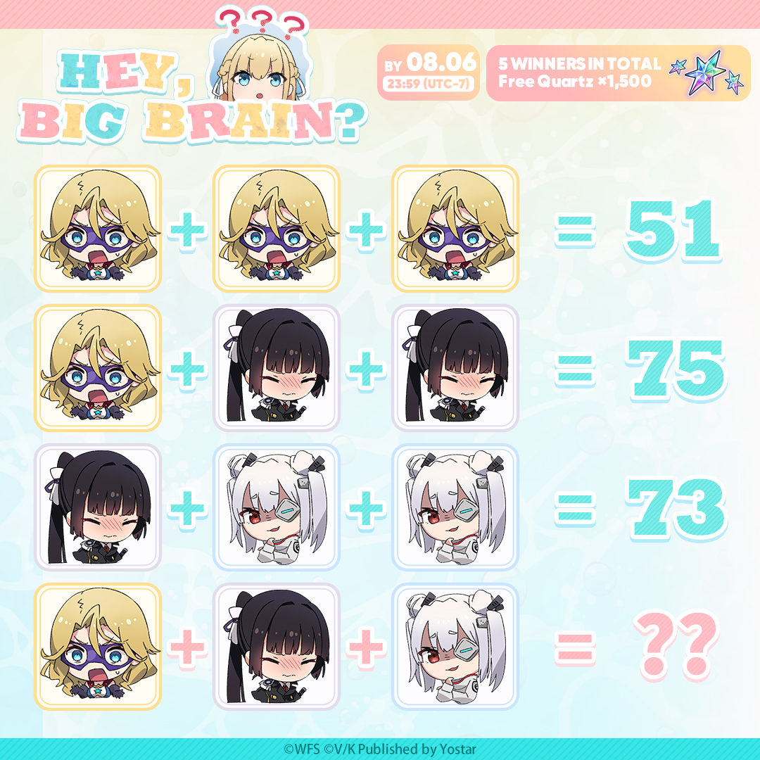 hbr_official_en's tweet photo. #HBRChallenge: Hey, big brain? 🤓

Think you've got the mental firepower? Solve this brain teaser.

🧠 Reply with your answer for a chance to win!
🎁 5 lucky winners will each receive 1,500 FREE Quartz!
⏳ Ends: August 6, 23:59 (UTC-7)

#HeavenBurnsRed #Yostar https://t.co/Hs2Hf0U7Vo