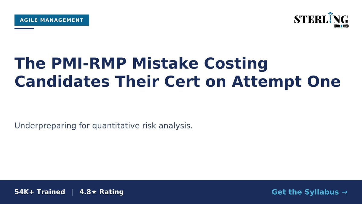 sterling_next's tweet photo. The PMI-RMP mistake costing candidates their cert on attempt one:
Underpreparing for quantitative risk analysis — it's the section most candidates treat as an afterthought.
Get the syllabus → https://t.co/5nsCbmmiOe
#Agile #ScrumMaster #PMIACP #SterlingNext https://t.co/hhIqgFW4zB