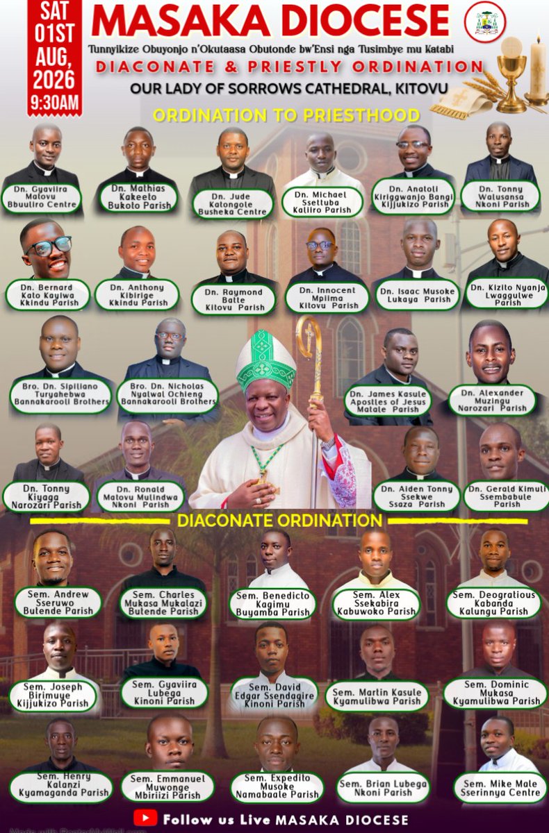 Masaka_Diocese's tweet photo. Masaka Diocese Ordination on Saturday 01st August 2026 https://t.co/VabHTi49oi