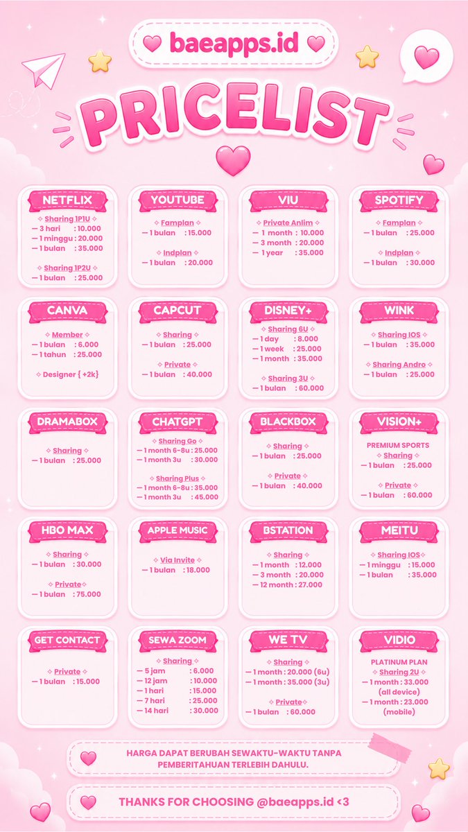 baeapps's tweet photo. WTB WTS READY APP PREMIUM !!!

NETFLIX DISNEY+ HOTSTAR VIU IQIYI WETV AMAZON PRIME CANVA VIDIO YOUTUBE APPLE MUSIC CHATGPT CAPCUT PRO SCRIBD SEWA ZOOM LOKLOK  WETV YOUKU BSTATION DLL

order &amp; testi : https://t.co/hTCLje45fG

#zonauang #zonajanan https://t.co/1eMVw4w0Hz