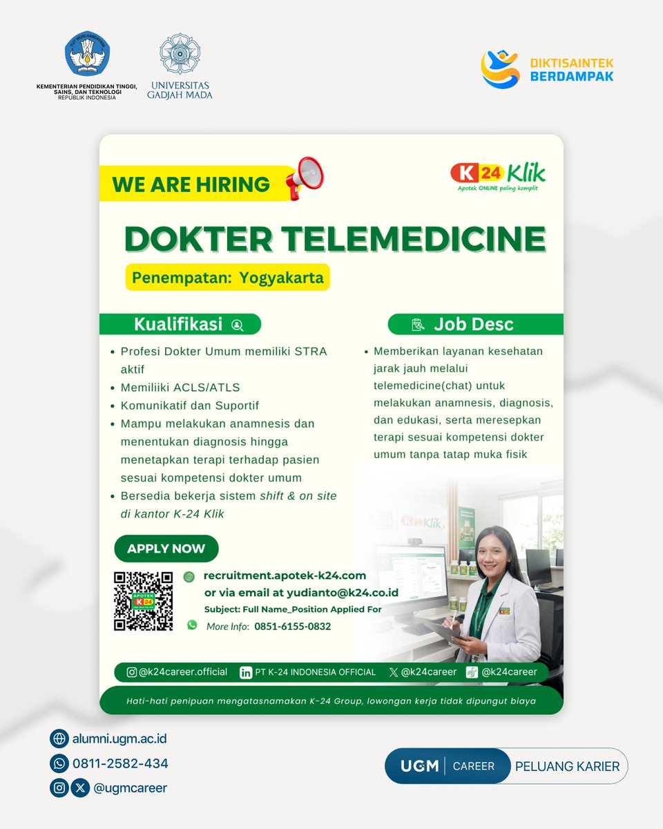 ugmcareer's tweet photo. Halo Sobat UGM Career! π
PT K-24 Indonesia membuka kesempatan untuk bergabung ke dalam berbagai posisi yang menarik!
Perhatikan persyaratannya dan daftarkan dirimu melalui barcode yang ada di poster, ya! π₯
#ugmcareer #alumniugm #stayintouch #bewellconnected https://t.co/cq55RHHbH5