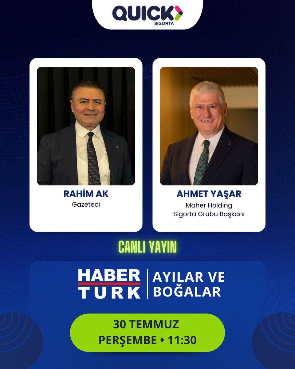 quicksigorta's tweet photo. Maher Holding Sigorta Grubu Başkanı Ahmet Yaşar, Rahim Ak’ın sunduğu “Ayılar ve Boğalar” programının canlı yayınına konuk oluyor. 📺
#TGRTHaber #QuickSigorta https://t.co/MCY8OQtzSy