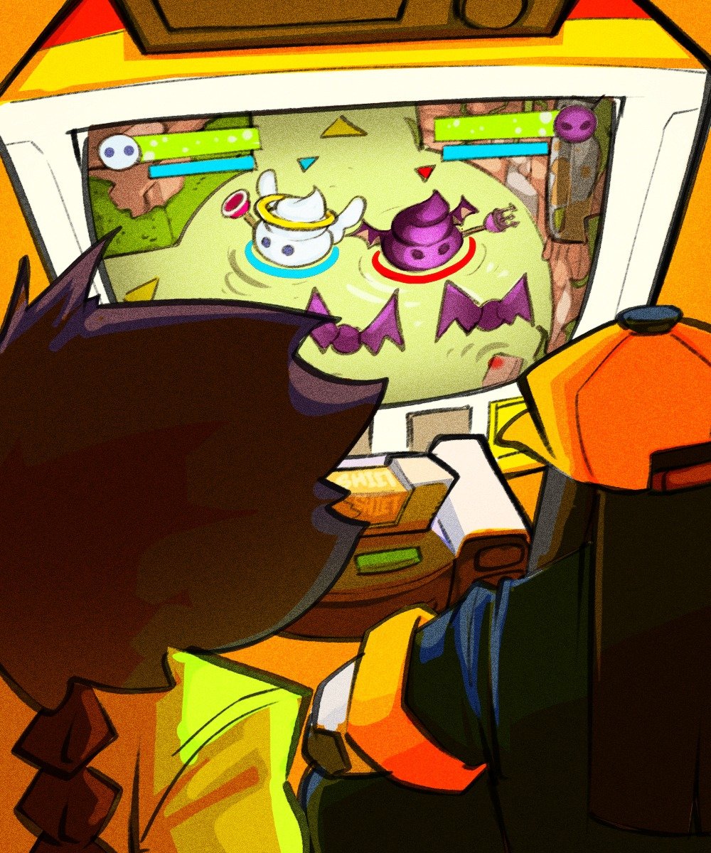 OGunabalan's tweet photo. Omie and Salem playing the newly released ohshiet game. 

Playing some cool retro games when they have nothing to do. They usually get their games from a cool junk space merchen, other then games they love to collect old retro stuff from different solar circles. https://t.co/geVYlBFltR
