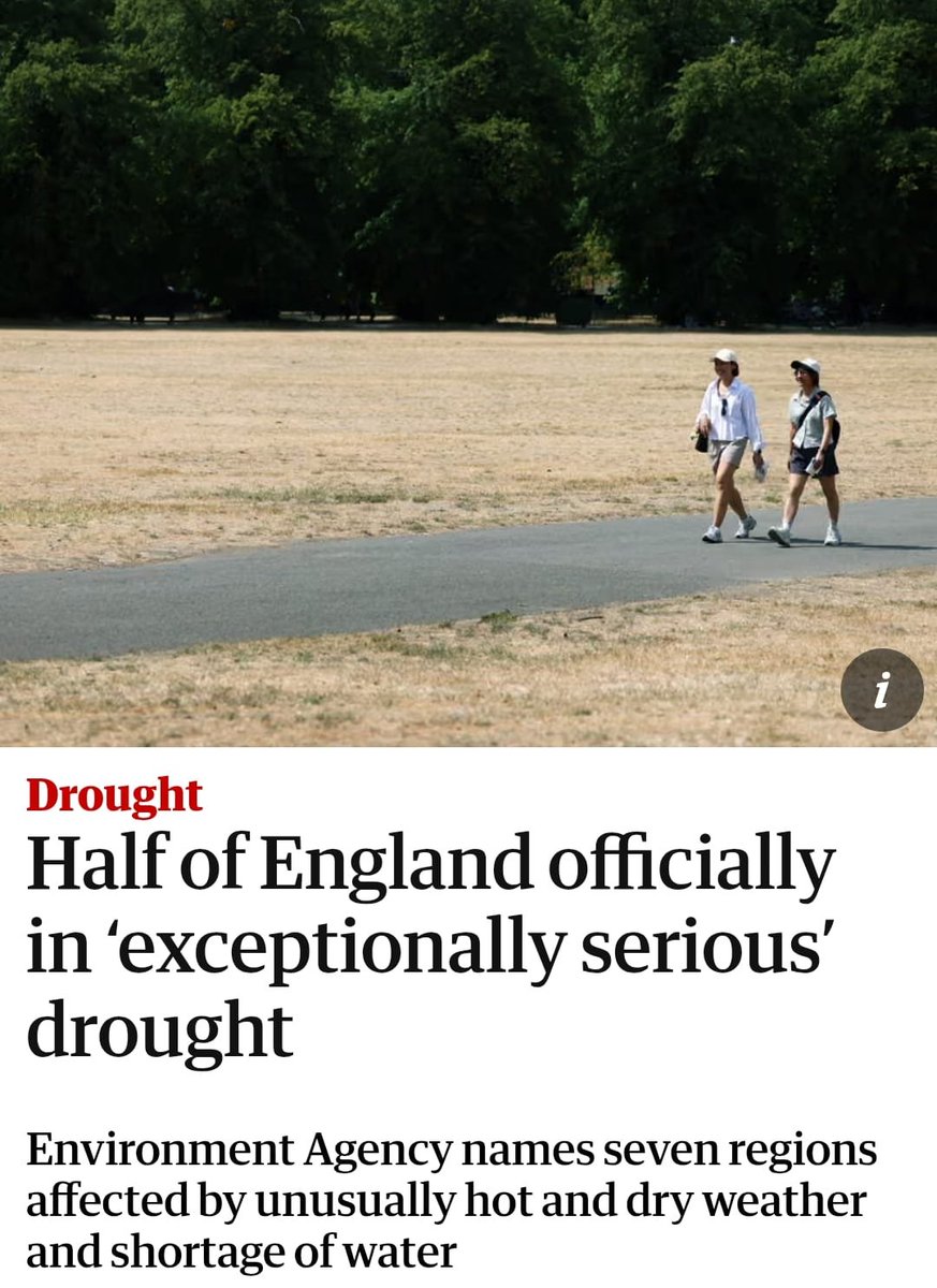 ZackPolanski's tweet photo. Half of the country is in "exceptionally serious drought" - putting us at more risk of wildfires and threatening our food security.

Meanwhile water companies are wasting a staggering 2.87 billion litres of water every day through leaky pipes. 

Time to end water privatisation. https://t.co/8ig9T409WY