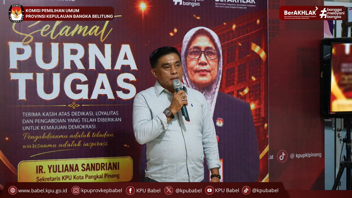 KPUBabel's tweet photo. #SeperadikPemilih Sebagai bentuk penghormatan dan apresiasi atas dedikasi serta pengabdian yang telah diberikan selama menjalankan tugas di lingkungan KPU, KPU Babel hadiri kegiatan Pelepasan Purna Tugas Sekretaris KPU Kota Pangkalpinang, Hj. Ir. Yuliana Sandriani. 
#KPUMelayani https://t.co/MgG6Gnmdgk