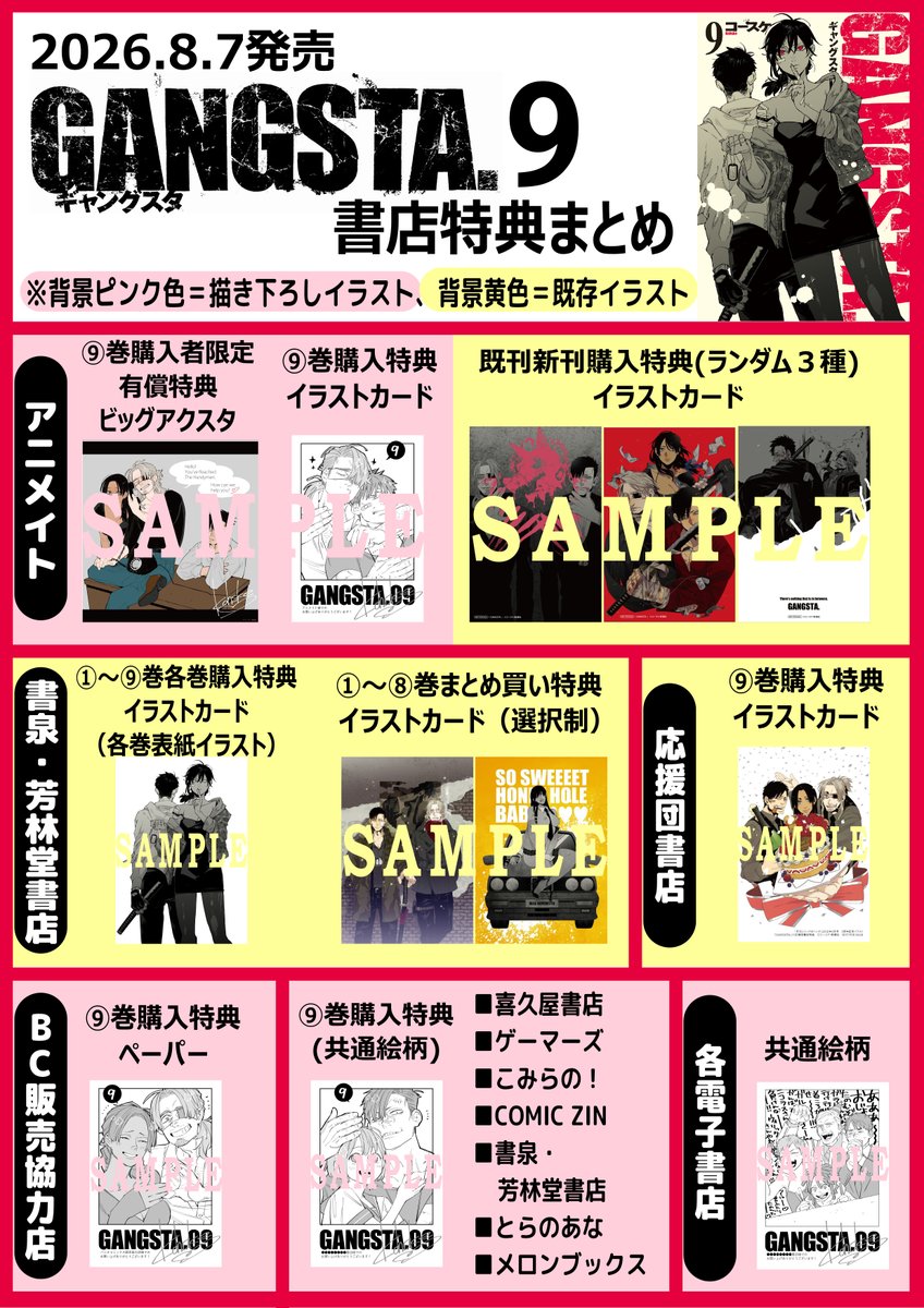 Bunch_Shincho's tweet photo. 【GANGSTA.9巻、特典情報!!!🎁】

8月7日（金）発売予定の
『GANGSTA.』（著：コースケ）最新9巻の書店特典情報を公開します✨

ついに発売まで一週間を切りました！
8年ぶりの最新刊！ぜひお楽しみに～～！👏

🔽詳細はブログをチェック！
https://t.co/QojsiRKF3R

#バンチKai #コミックバンチKai https://t.co/ffB52rTUGM