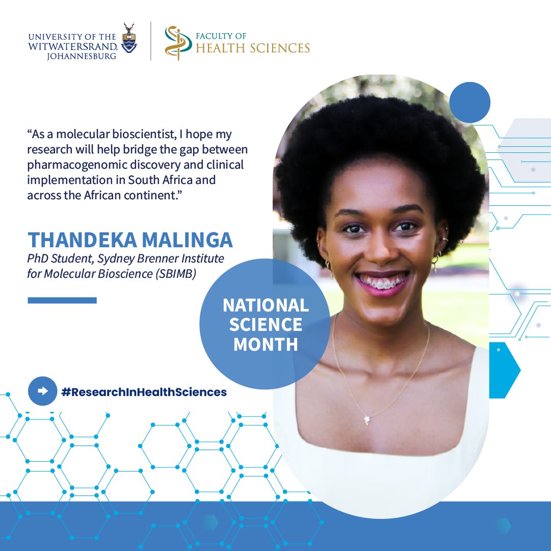 WitsUniversity's tweet photo. 🧪 National Science Month | Research in Health Sciences 💙🏛️

Closing the gap between scientific discovery and patient care is at the heart of Thandeka Malinga's research.

A PhD student at the Sydney Brenner Institute for Molecular Bioscience (SBIMB), she hopes to bridge pharmacogenomic discovery and clinical implementation in South Africa and across the African continent.

This National Science Month, we are celebrating the researchers whose work is transforming scientific discoveries into real-world healthcare solutions.

#WitsForGood #NationalScienceMonth #WitsResearch
