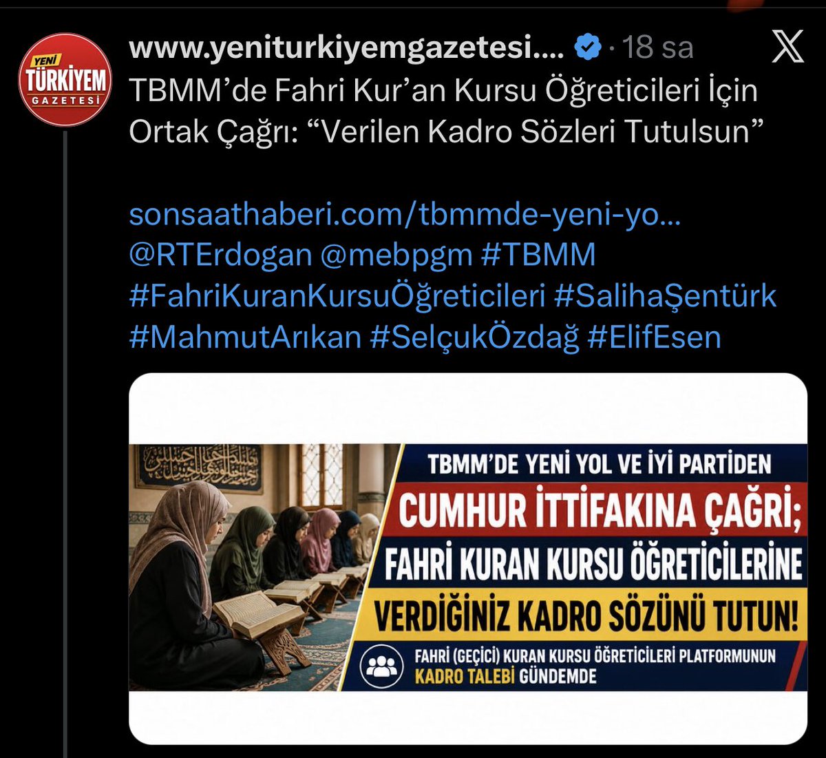 MLLiTAKP1's tweet photo. Din eğitimi veren,evlatlarımıza Kur'an'ı anlatan Fahri (geçici) Kuran Kursu Öğreticisi kadınlarımızın bizzat #Diyanet eliyle mağdur edilmesi,inandığımız değerlere en büyük darbedir.
#FahriKuranKursuÖğreticilerineKadroŞart
@RTErdogan @DIBSafiArpagus @_cevdetyilmaz @avabdullahguler https://t.co/99eCVNciEE
